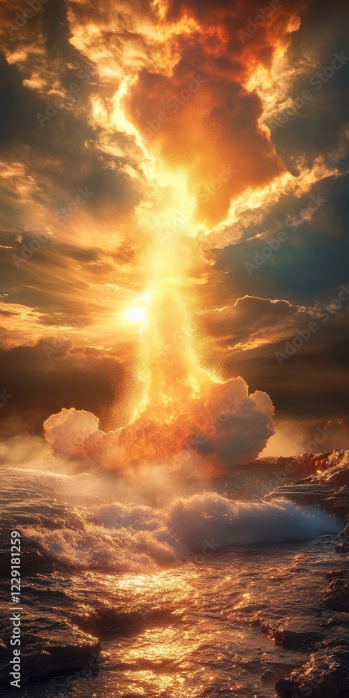 Poster a large explosion is in the sky, with a bright sun shining through the clouds. the scene is dramatic