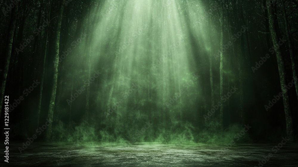 Poster mystical green halftone background with soft light rays in a dark forest environment