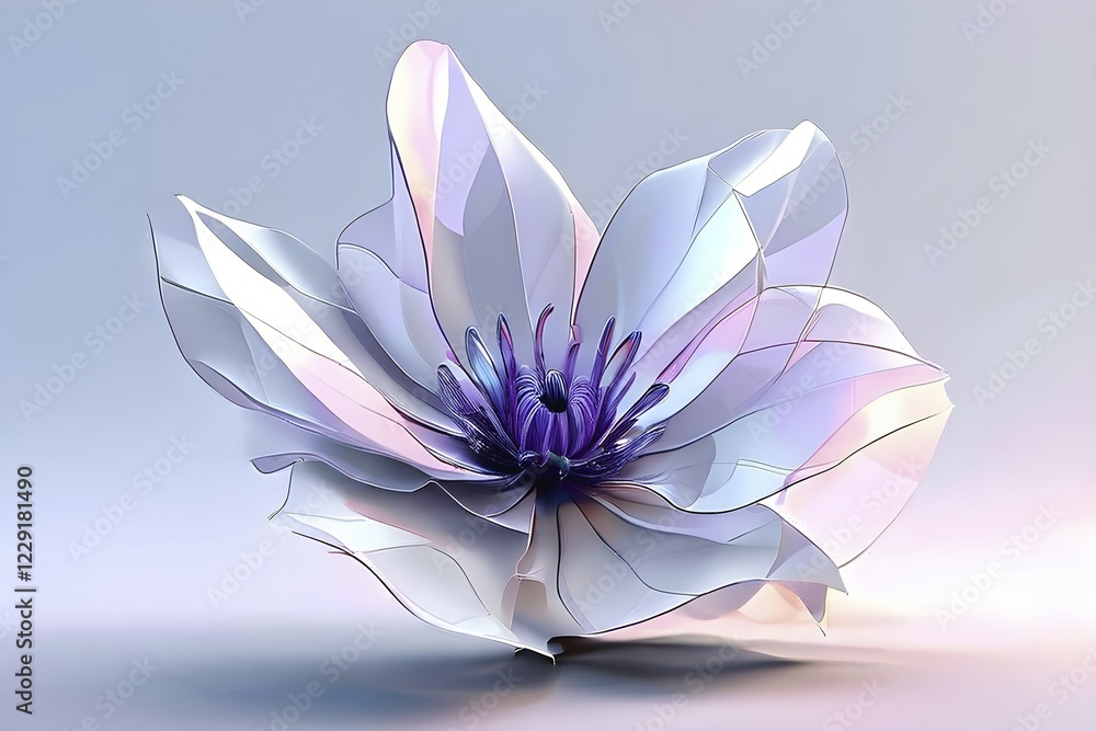 Poster digital rendered flower evolving in a futuristic forward botanical concept with minimalistic forms, 