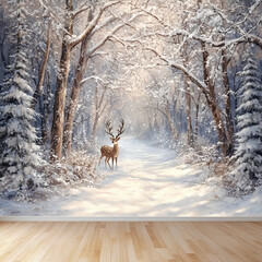 Snowy forest path with a deer under the soft glow of winter sunlight amid tall trees and a serene atmosphere