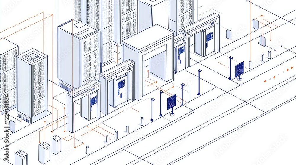 Poster modern urban infrastructure with automated machines and signage