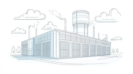 Obraz premium Industrial Factory Outline with Smokestacks and Cooling Tower Design