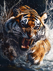 Obraz premium Majestic tiger charging through water with fierce expression and powerful stance captured in detail during an intense moment in the wild