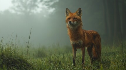 With keen eyes and a powerful stance, a dhole stands alert amidst the emerald grass, surrounded by the soft whispers of morning fog in the serene forest setting