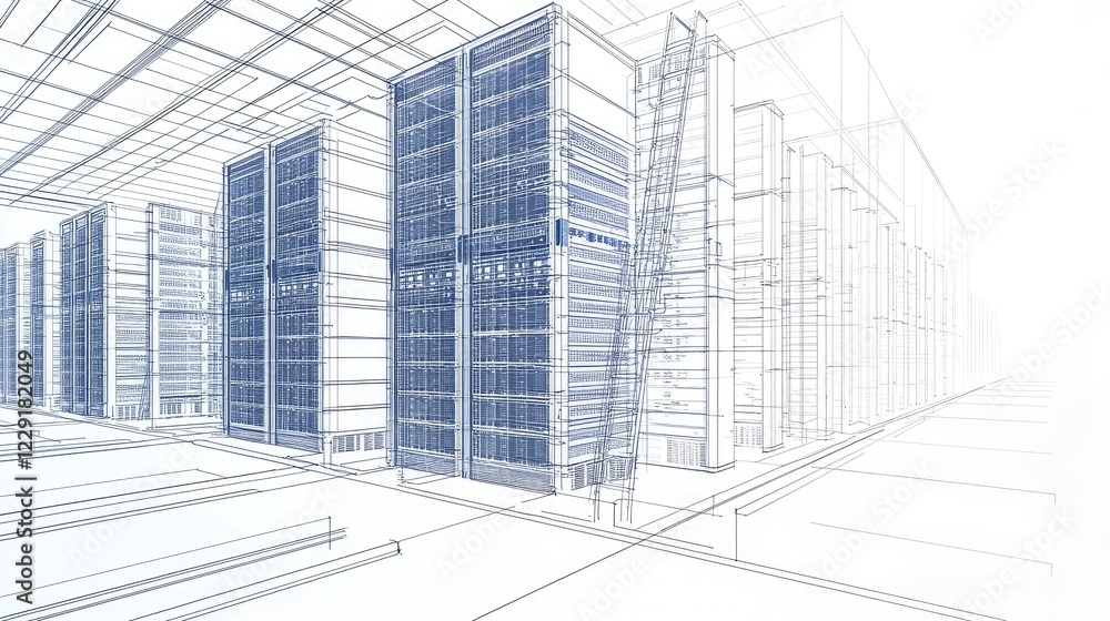 Poster futuristic concept of data center with grid and server racks