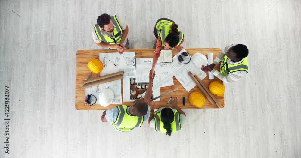 Aufkleber above, architecture and people with handshake for teamwork, building design and contract at space. e