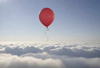 Fototapeta premium Single red balloon floating high above the clouds in expansive blue sky, sense of solitude and freedom, AI generated