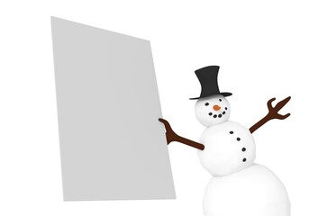 Funny snowman with blank sign on a white background