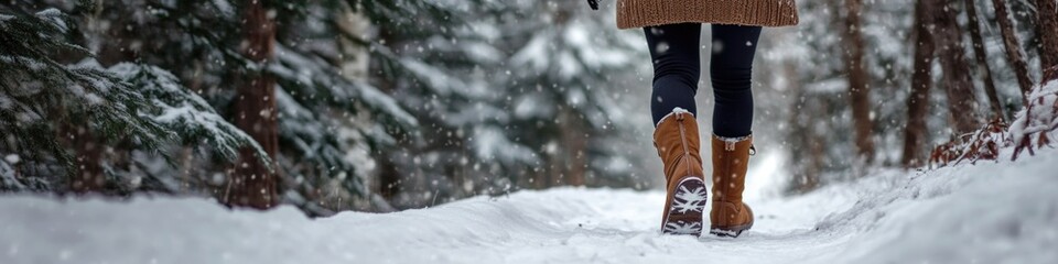 A person walking through the snowy landscape wearing a coat and boots