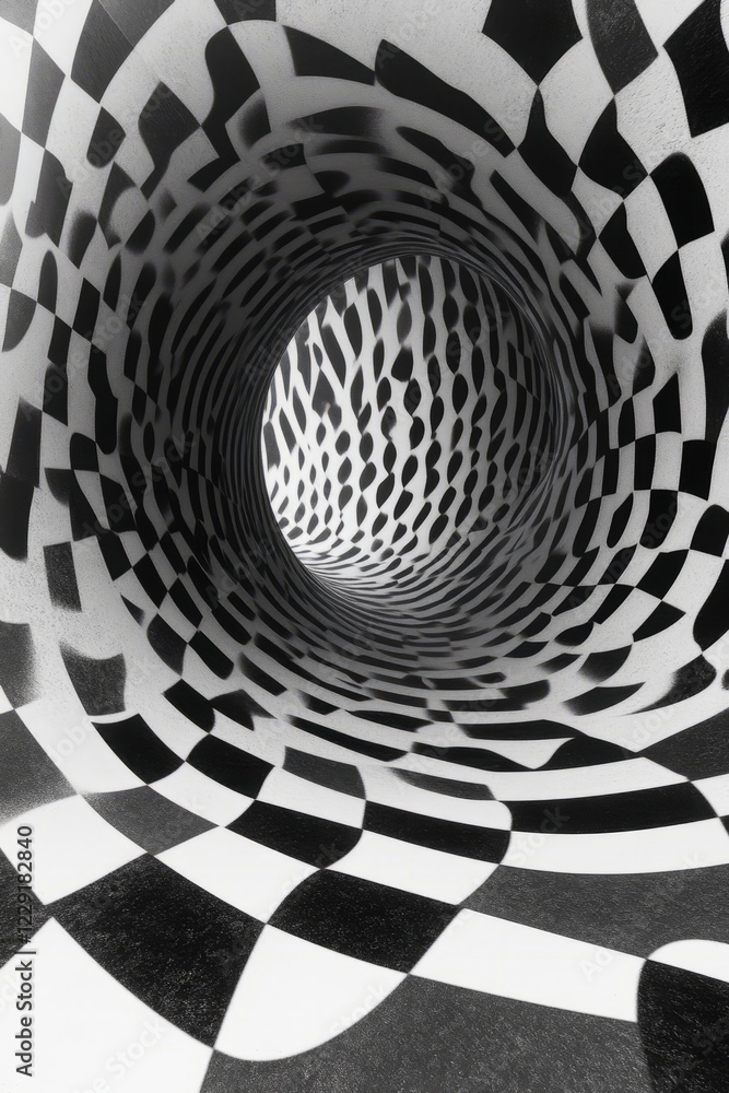Poster a black and white checkered patterned wall with a hole in the middle. the hole is surrounded by a ch