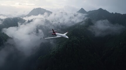 Sustainable Aviation Fuel Concept with Aircraft Flying Above Lush Green Mountains and Clouds