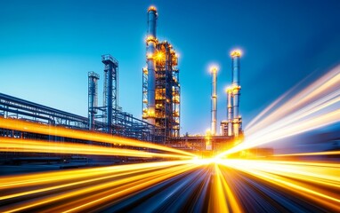 Industrial landscape featuring illuminated oil refinery at dusk with light trails from passing vehicles