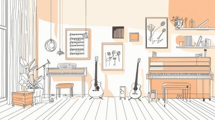 Fototapeta premium Cozy Music Room with Guitars, Piano, and Musical Decor Elements