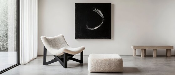 Minimalist living space featuring a white boucl&eacute; lounge chair with black wooden frame, furry ottoman, and abstract moon artwork against concrete floor and white walls. Generative AI