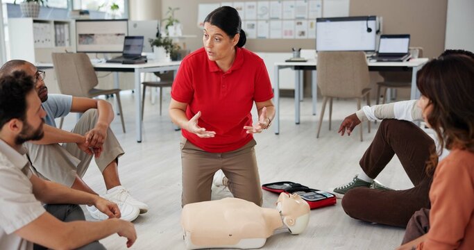 First aid, training and people in office for safety compliance, company healthcare or medical demonstration. Paramedic course, cpr and teaching emergency rescue technique with mannequin in business