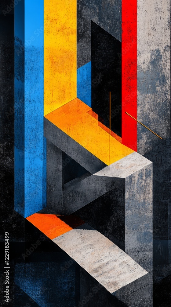 Poster vibrant abstract geometric art featuring bold colors and dynamic shadows, creating a striking modern