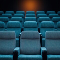 Obraz premium Empty cinema seats in a modern theater, inviting relaxation.