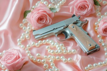 Handgun rests on pink silk with roses and pearls