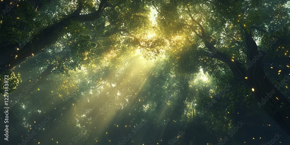 Poster sunlight streams through a dense forest canopy, illuminating the tranquil scene with glowing firefli