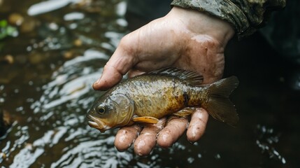 Hand Holding Freshwater Fish Above Clear Water in Natural Setting
