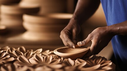Artisan shaping a wooden bowl in a workshop, surrounded by crafted decor and tools