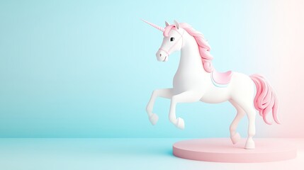 seasonal pastel Whimsical unicorn figurine on pastel background. happy mood