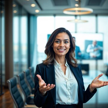 Una mujer profesional hispana sonriente, dando la bienvenida o presentando en una sala de conferencias moderna. Fondo desenfocado con colegas y mobiliario corporativo, transmitiendo confianza y profes
