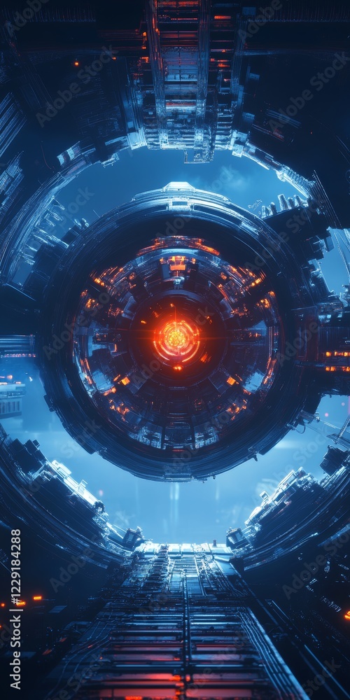 Poster a blue and orange space with a glowing object in the center. the image is of a futuristic cityscape 