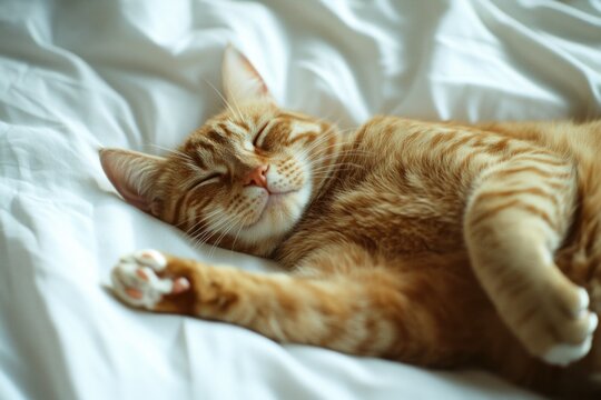 A domestic orange cat is peacefully sleeping on a bed