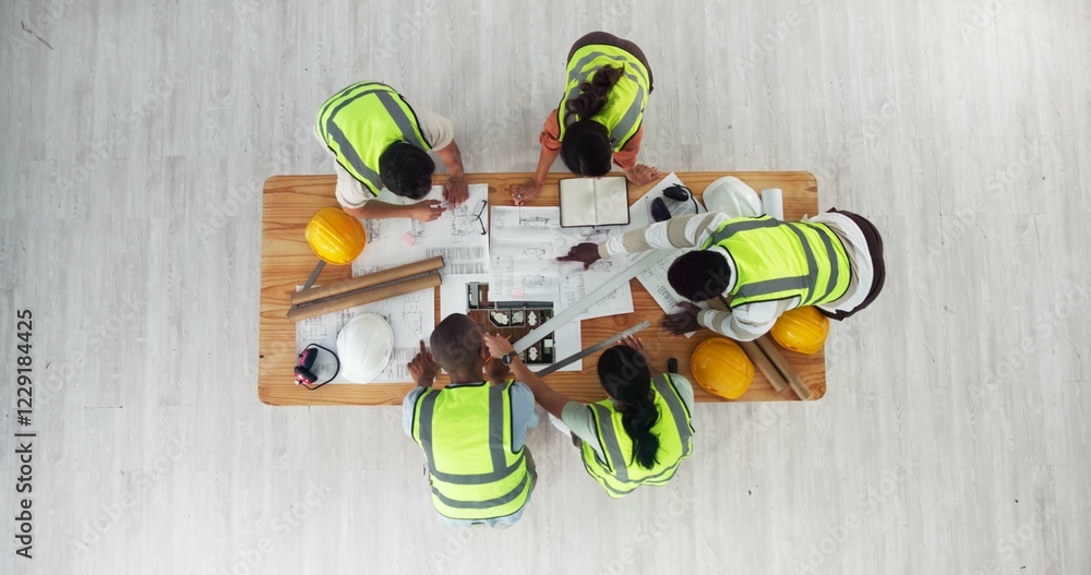 Poster above, architecture or people in meeting for planning, building design or strategy at space. enginee