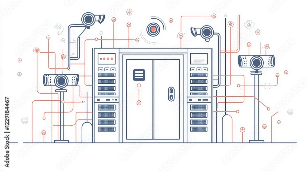 Poster modern data center with security cameras and networking cables