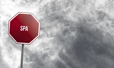 SPA, red sign with clouds in background