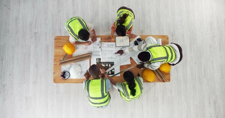 Above, architecture or people in meeting for planning, building design or strategy at space....