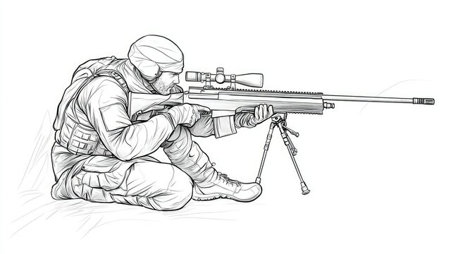 sniper aiming rifle, black and white, action clip art preview