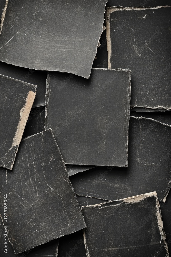 Poster a collection of black slate tiles arranged on a table, perfect for use in interior design or archite