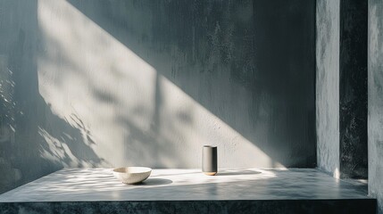 Minimalist room with a single cup on a table