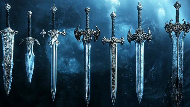 Collection of ornate swords displayed against a mystical blue background showcasing detailed craftsmanship and unique designs