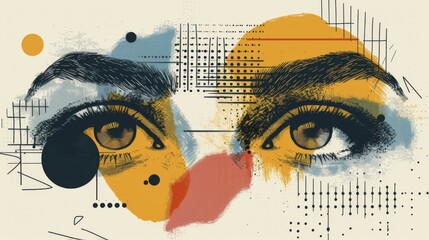 Bold and detailed abstract art with a focus on eyes amidst a mix of vibrant colors and intricate patterns, AI generated