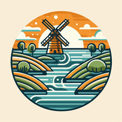 vector illustration of windmill scenery on the river