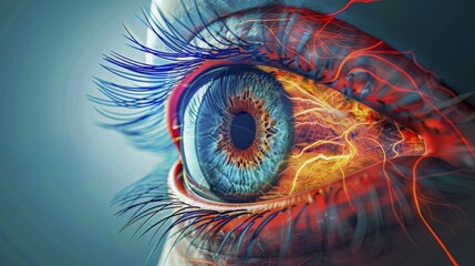 Futuristic depiction of a blue eye with vibrant colors and detailed veins, AI generated