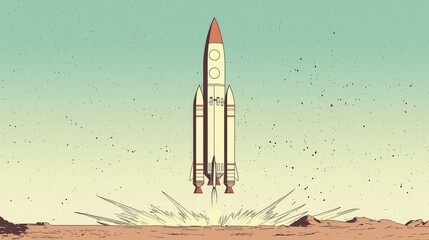 Obraz premium Retro Cartoon Rocket Launching from a Desert Landscape