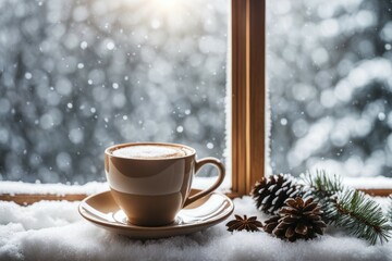 A cup of coffee on a window sill next to pine cones with a snowy background, AI generated