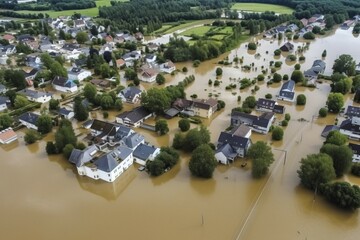 Aerial view of a flooding disaster in a village, flood, flooded street, severe weather, climate change, destruction, AI generated
