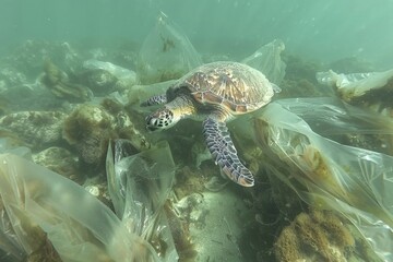 Fototapeta premium A sea turtle, hawksbill turtle dives among plastic waste, symbolic image for endangered species, marine animals pollution, marine pollution, pollution of the oceans, AI generated, AI generated, AI generated