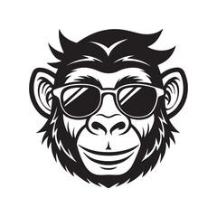 monkey head wearing  sunglasses silhouette, black and white silhouette, vector and illustration