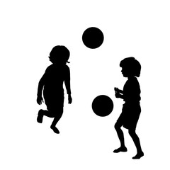 Fototapeta premium Vector silhouette of children playing soccer, isolated, grouped objects over white background