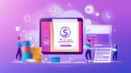 Payroll technology concept, integrated smart solutions for efficient employee compensation management, modern interfaces with icons representing automation, analytics, compliance, and support service