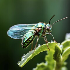 Naklejka premium Macro of a green lacewing (Chrysoperla carnea), showing its iridescent wings, thin legs, and delicate antennae, AI generated