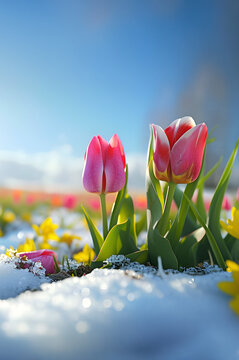 Fototapeta Tulip flowers and grass growing from the melting snow, blue sky and sunshine in the background. Concept of spring coming and winter leaving.