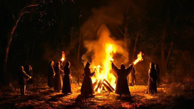 Silhouetted figures hold torches around an intense bonfire in a dark forest. Walpurgis Night Bonfire